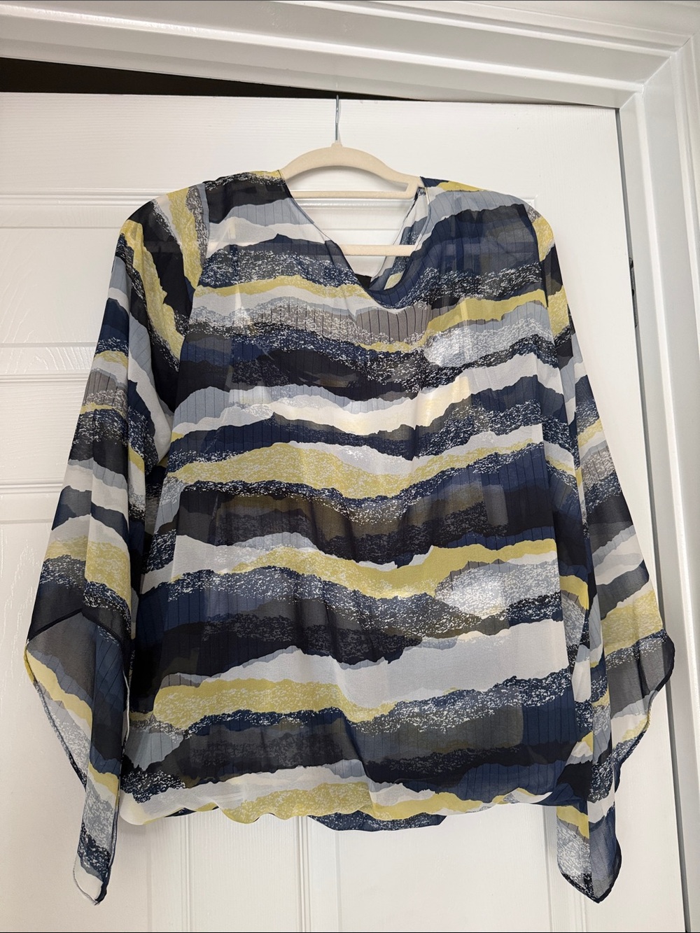 Alfani Navy, White & Yellow Sheer Striped Blouse